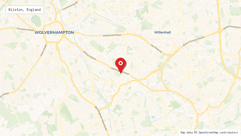 Street map of Bilston, England with location pin