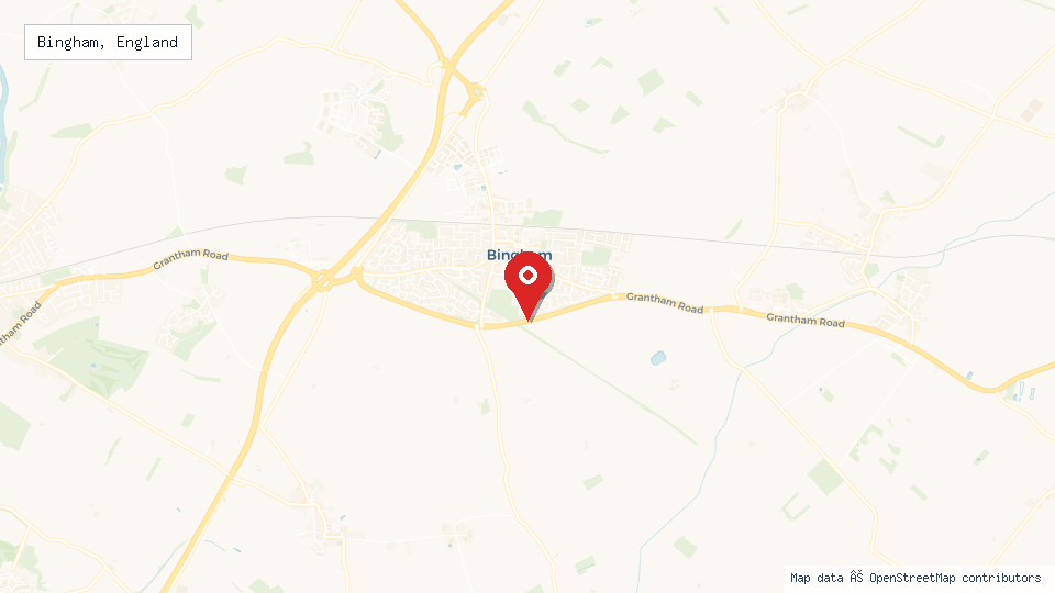 Street map of Bingham, England with location pin
