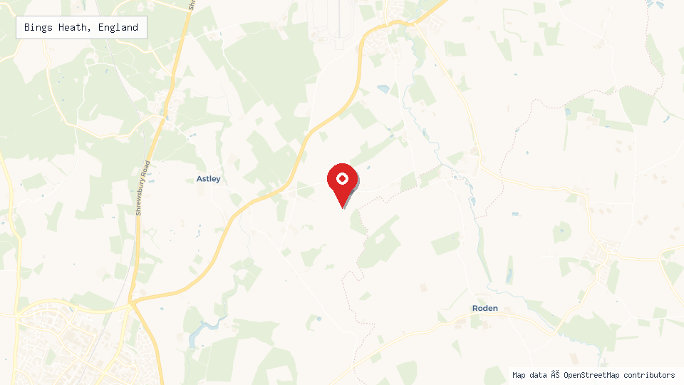Street map of Bings Heath, England with location pin