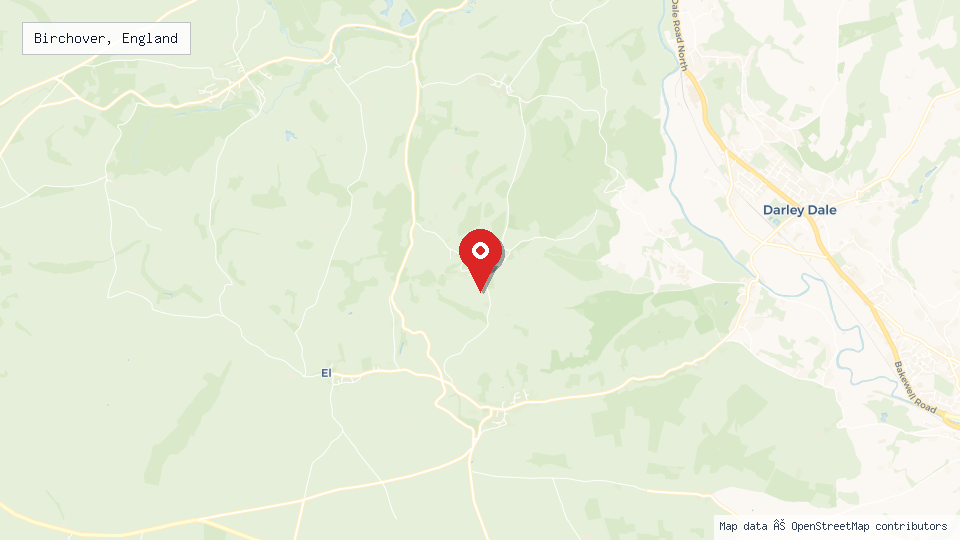Street map of Birchover, England with location pin