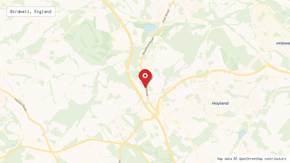 Street map of Birdwell, England with location pin