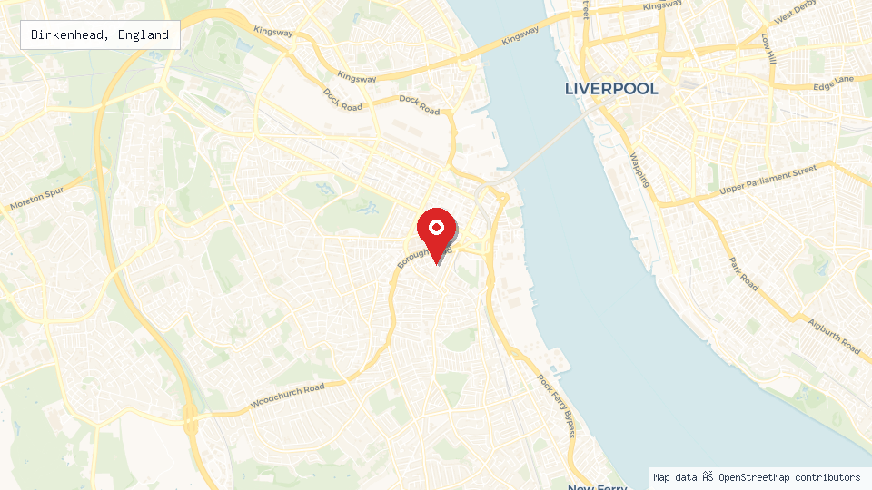 Street map of Birkenhead, England with location pin
