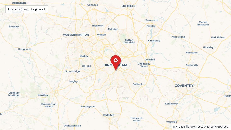 Street map of Birmingham, England with location pin