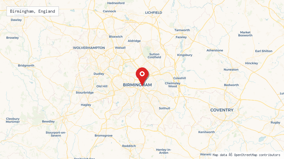 Street map of Birmingham, England with location pin