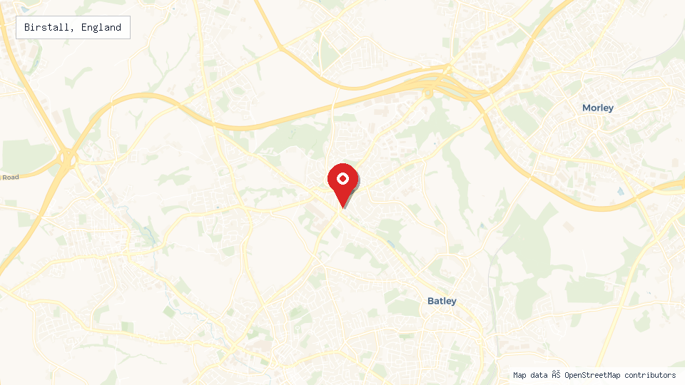 Street map of Birstall, England with location pin