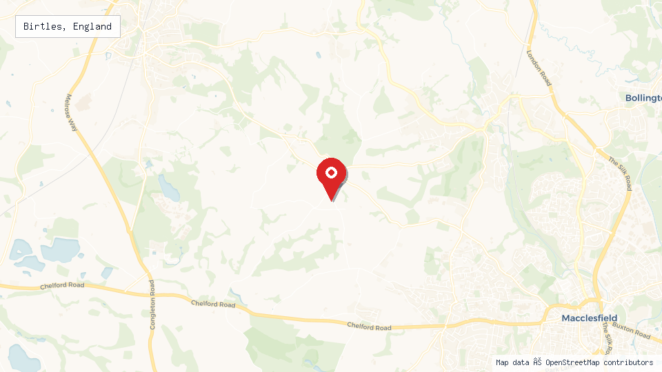 Street map of Birtles, England with location pin