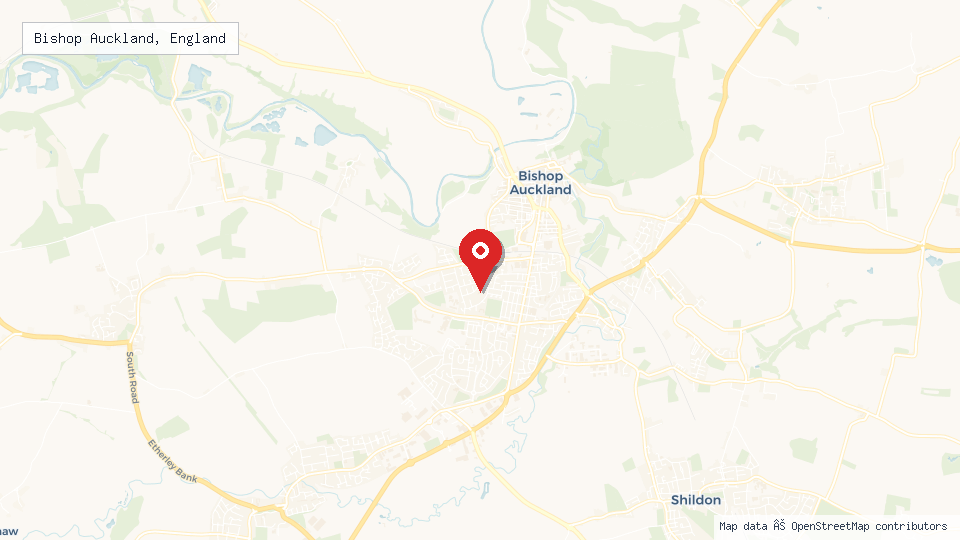 Street map of Bishop Auckland, England with location pin