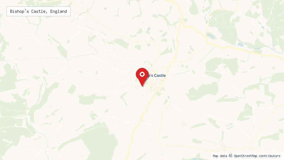 Street map of Bishop's Castle, England with location pin