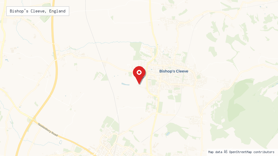 Street map of Bishop's Cleeve, England with location pin