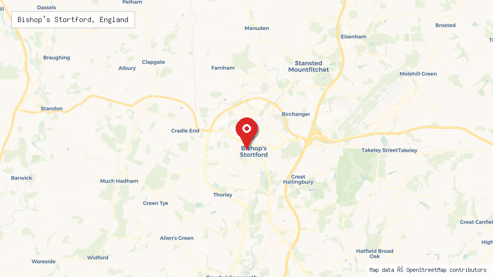 Street map of Bishop's Stortford, England with location pin