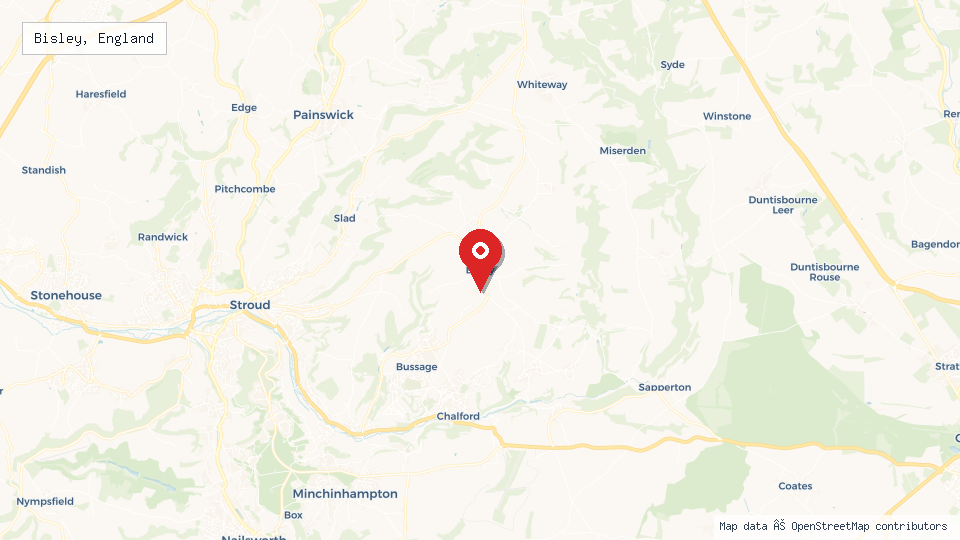 Street map of Bisley, England with location pin