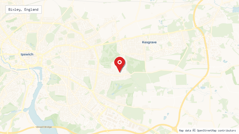 Street map of Bixley, England with location pin