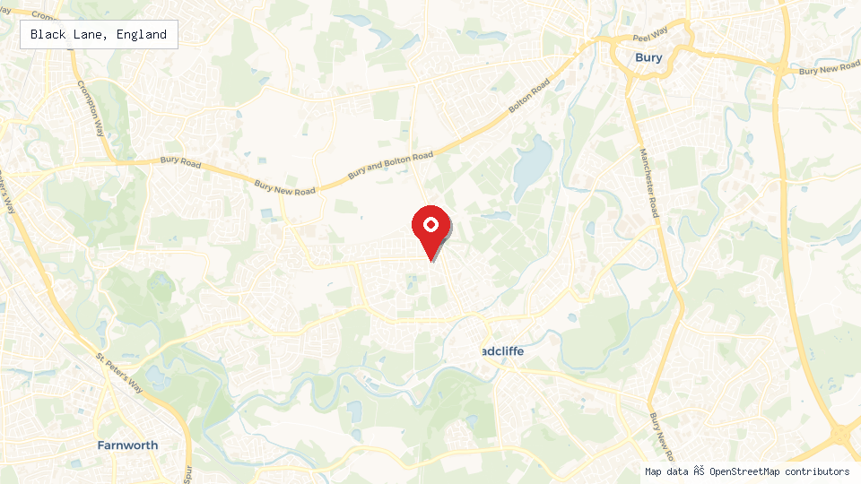 Street map of Black Lane, England with location pin