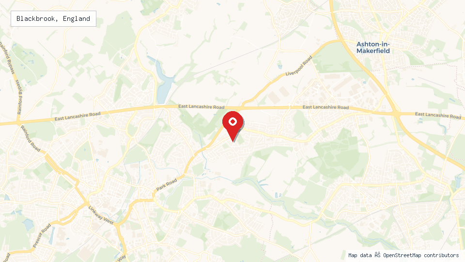 Street map of Blackbrook, England with location pin