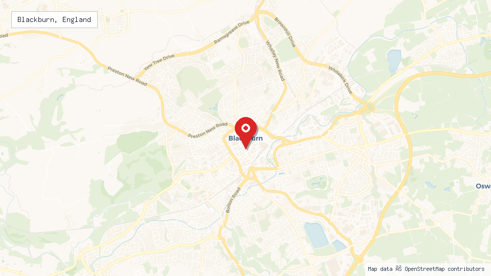 Street map of Blackburn, England with location pin