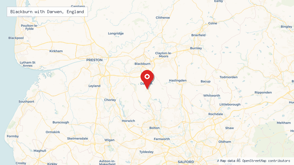 Street map of Blackburn with Darwen, England with location pin
