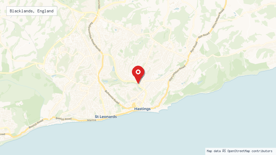 Street map of Blacklands, England with location pin