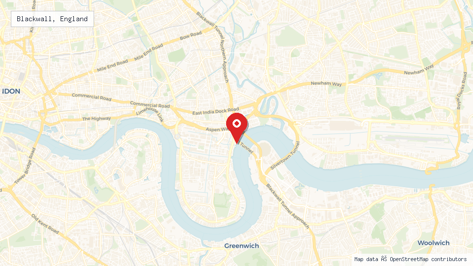 Street map of Blackwall, England with location pin