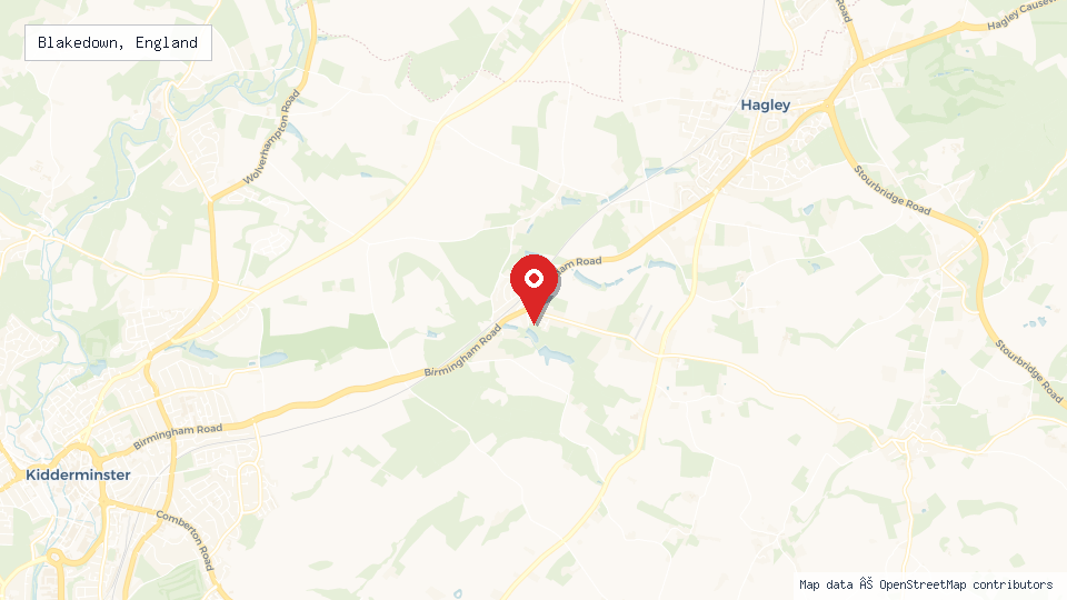 Street map of Blakedown, England with location pin