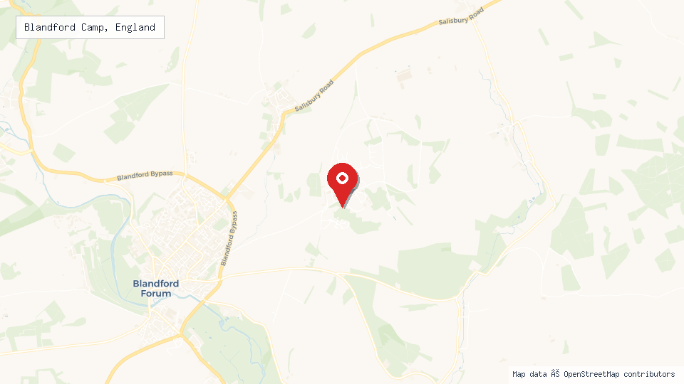 Street map of Blandford Camp, England with location pin