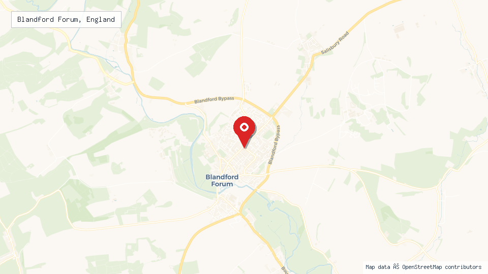 Street map of Blandford Forum, England with location pin