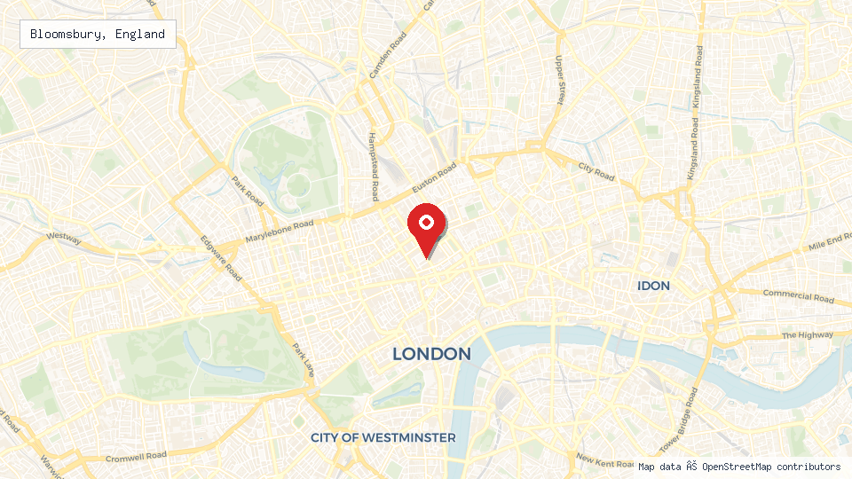 Street map of Bloomsbury, England with location pin