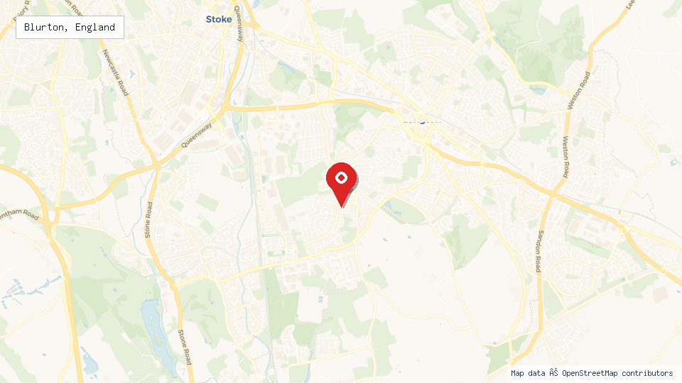 Street map of Blurton, England with location pin