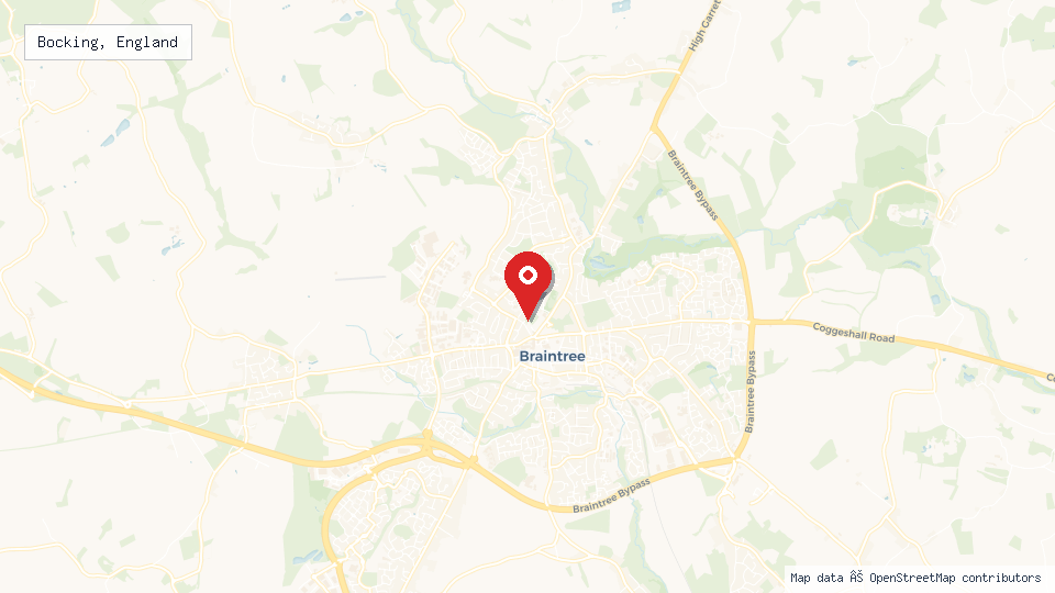 Street map of Bocking, England with location pin