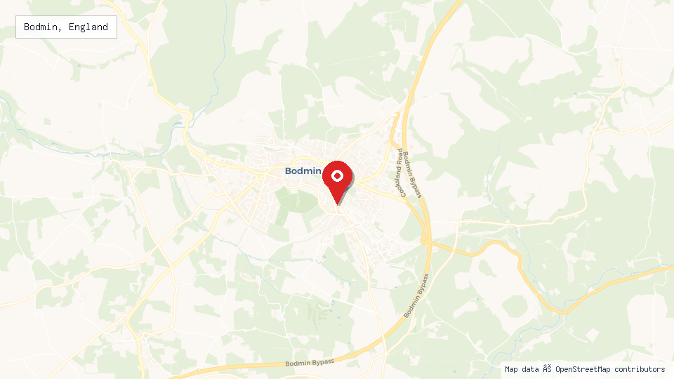 Street map of Bodmin, England with location pin