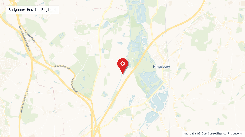 Street map of Bodymoor Heath, England with location pin