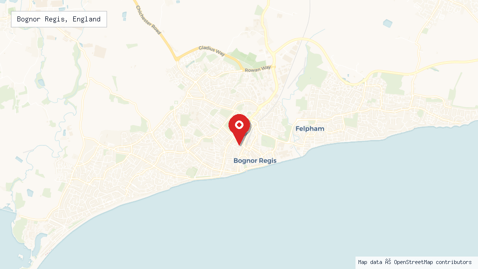 Street map of Bognor Regis, England with location pin