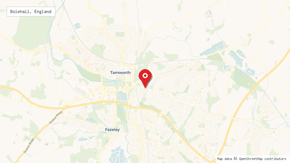 Street map of Bolehall, England with location pin