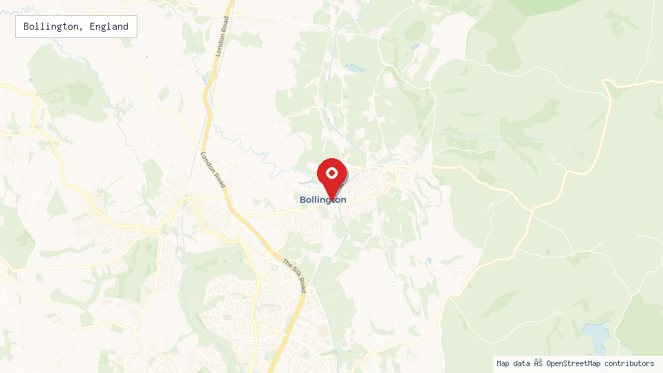 Street map of Bollington, England with location pin