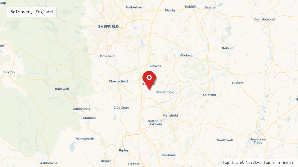Street map of Bolsover, England with location pin