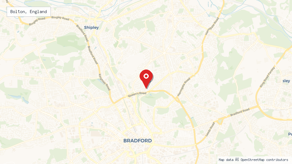 Street map of Bolton, England with location pin