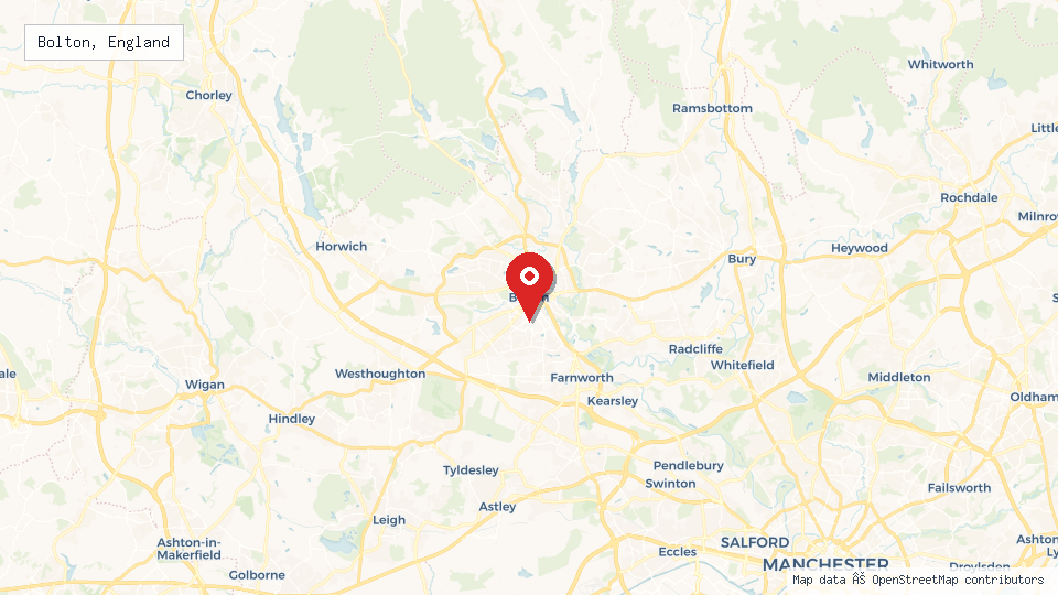 Street map of Bolton, England with location pin