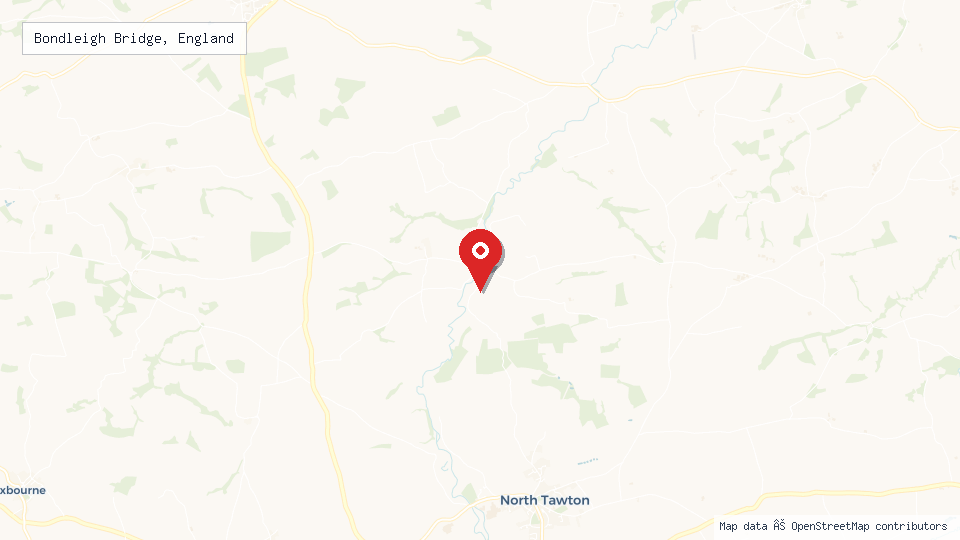 Street map of Bondleigh Bridge, England with location pin