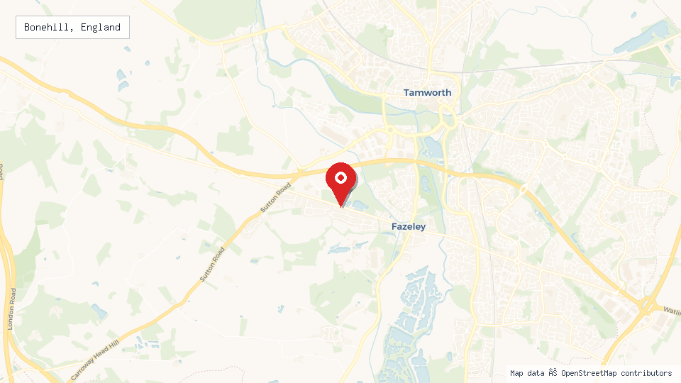 Street map of Bonehill, England with location pin