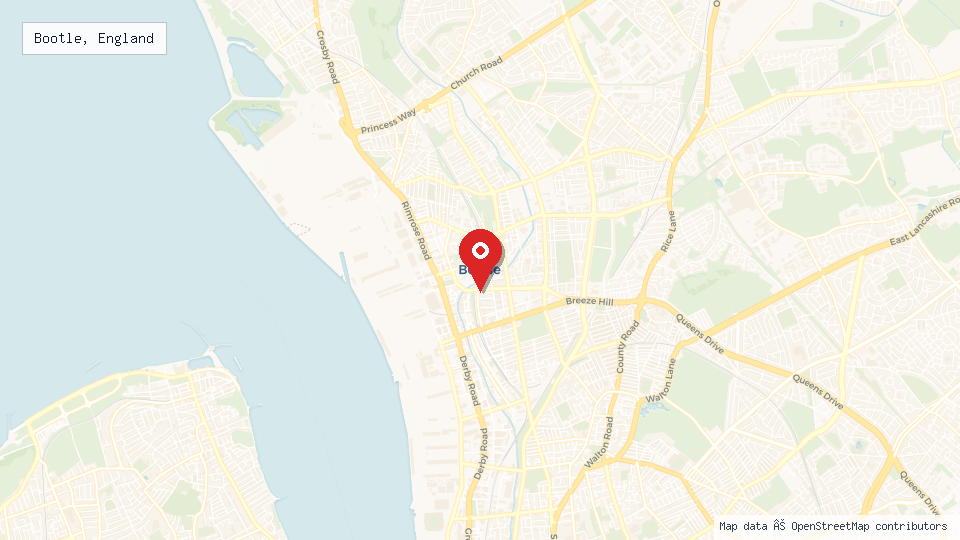 Street map of Bootle, England with location pin