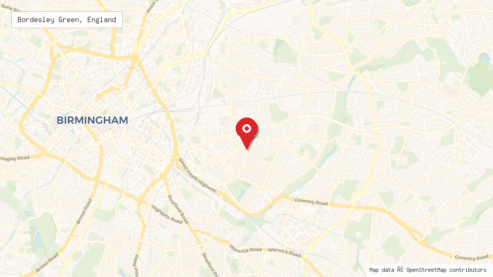 Street map of Bordesley Green, England with location pin