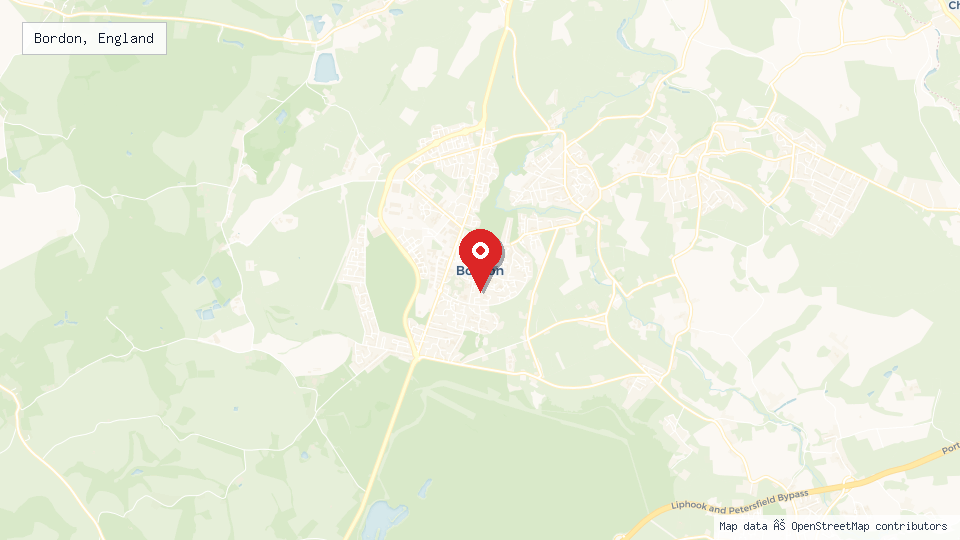 Street map of Bordon, England with location pin