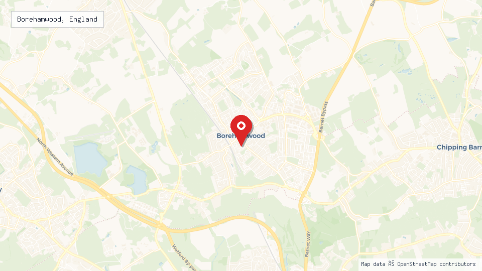 Street map of Borehamwood, England with location pin