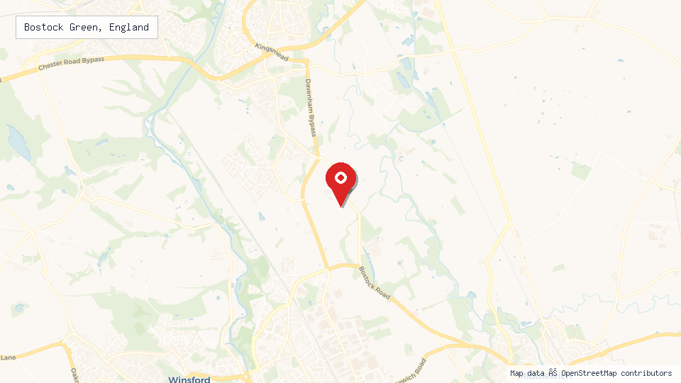 Street map of Bostock Green, England with location pin