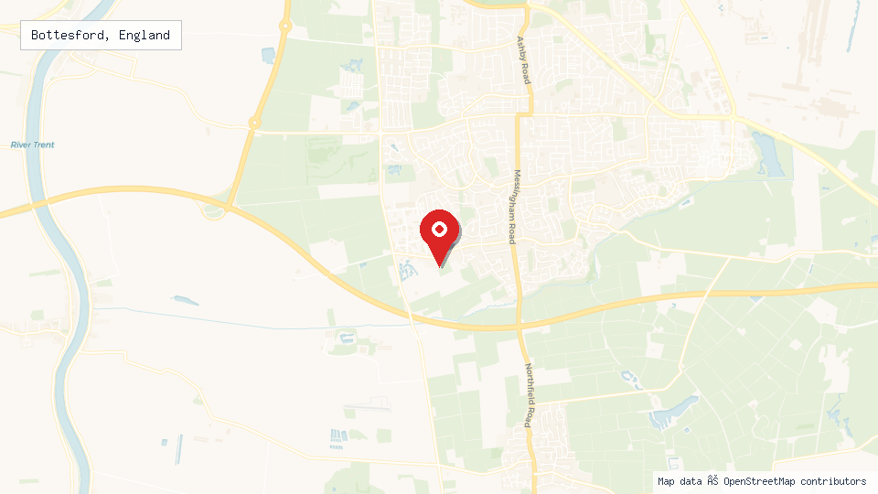 Street map of Bottesford, England with location pin