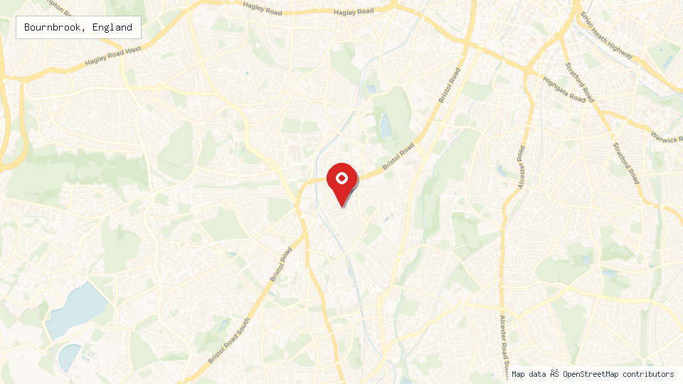 Street map of Bournbrook, England with location pin