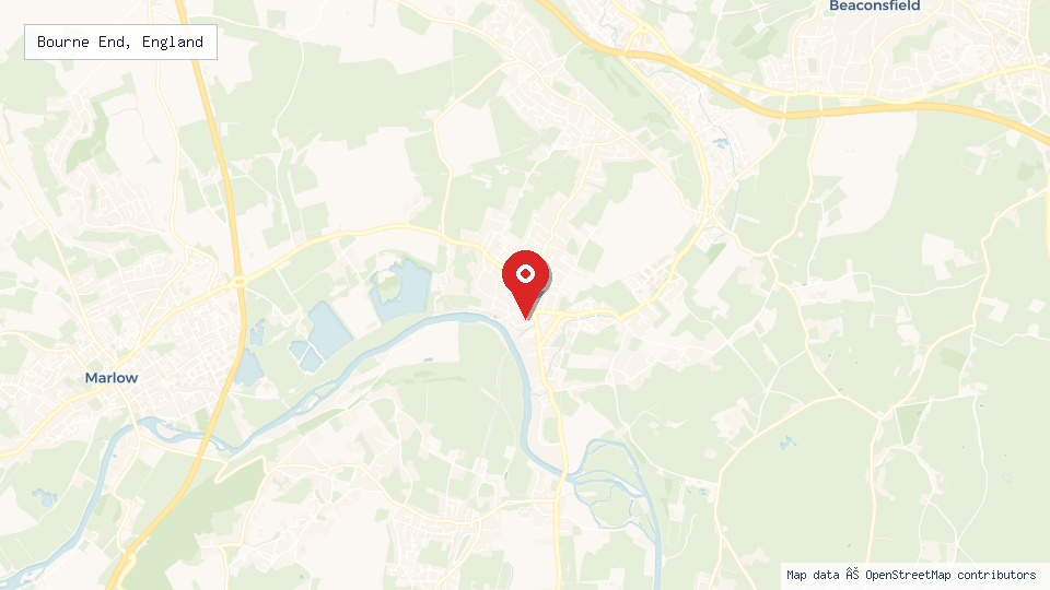 Street map of Bourne End, England with location pin