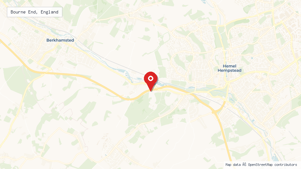 Street map of Bourne End, England with location pin