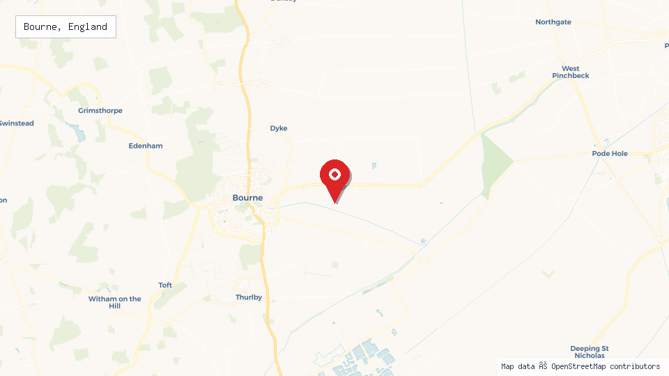Street map of Bourne, England with location pin
