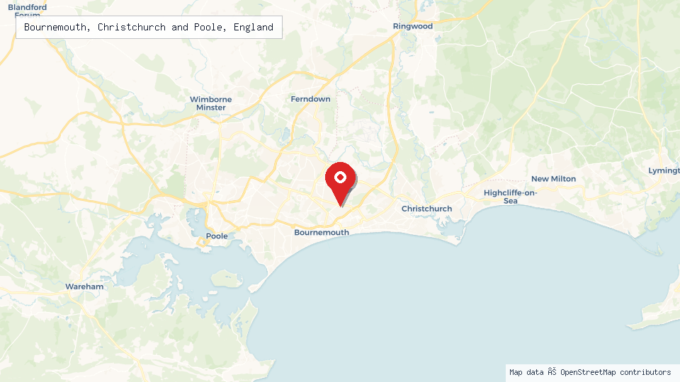 Street map of Bournemouth, Christchurch and Poole, England with location pin