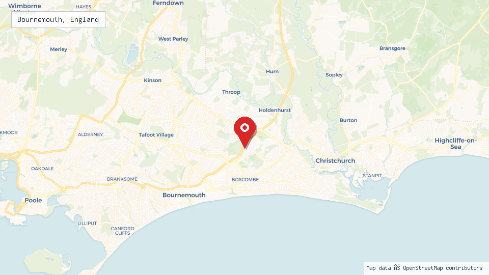 Street map of Bournemouth, England with location pin
